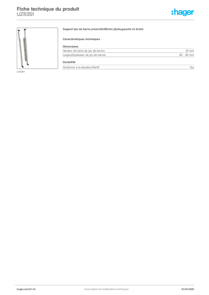 Image Hager Fiche technique du produit UZ83S1 | Hager Suisse