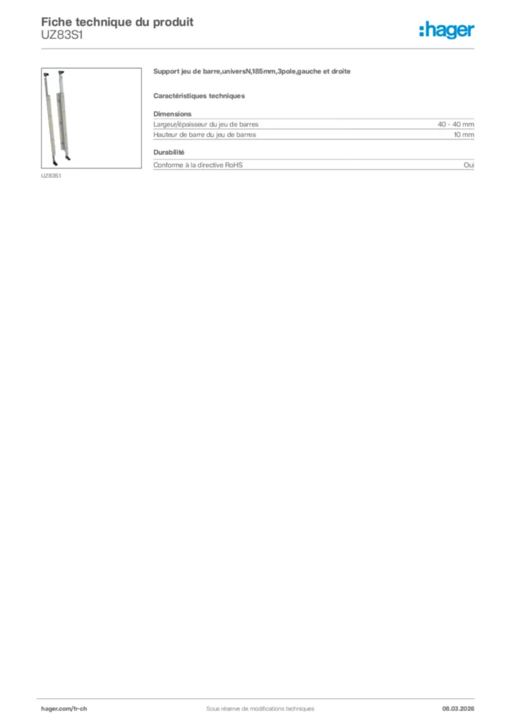 Image Hager Fiche technique du produit UZ83S1 | Hager Suisse