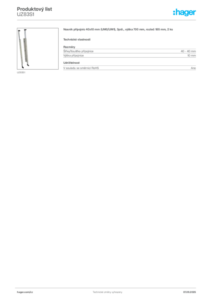 Obrázek Hager Produktový list UZ83S1 | Hager