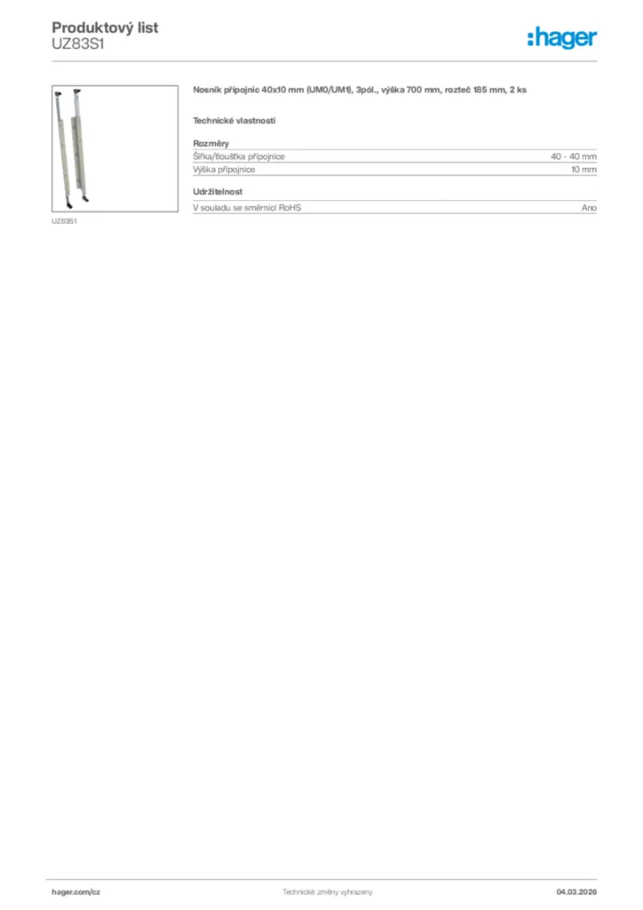 Obrázek Hager Product data sheet UZ83S1 | Hager