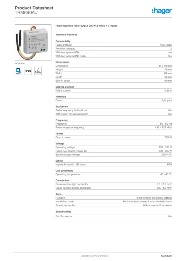 Image Hager Product data sheet TRM690AU  | Hager Africa