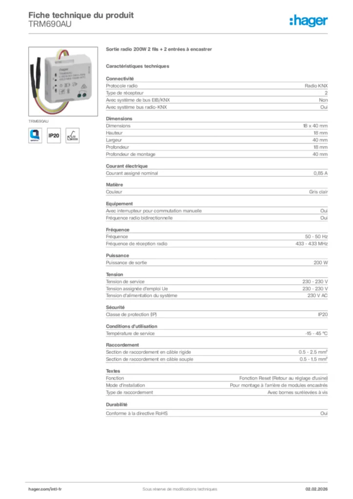 Image Hager Fiche technique du produit TRM690AU | Hager Afrique