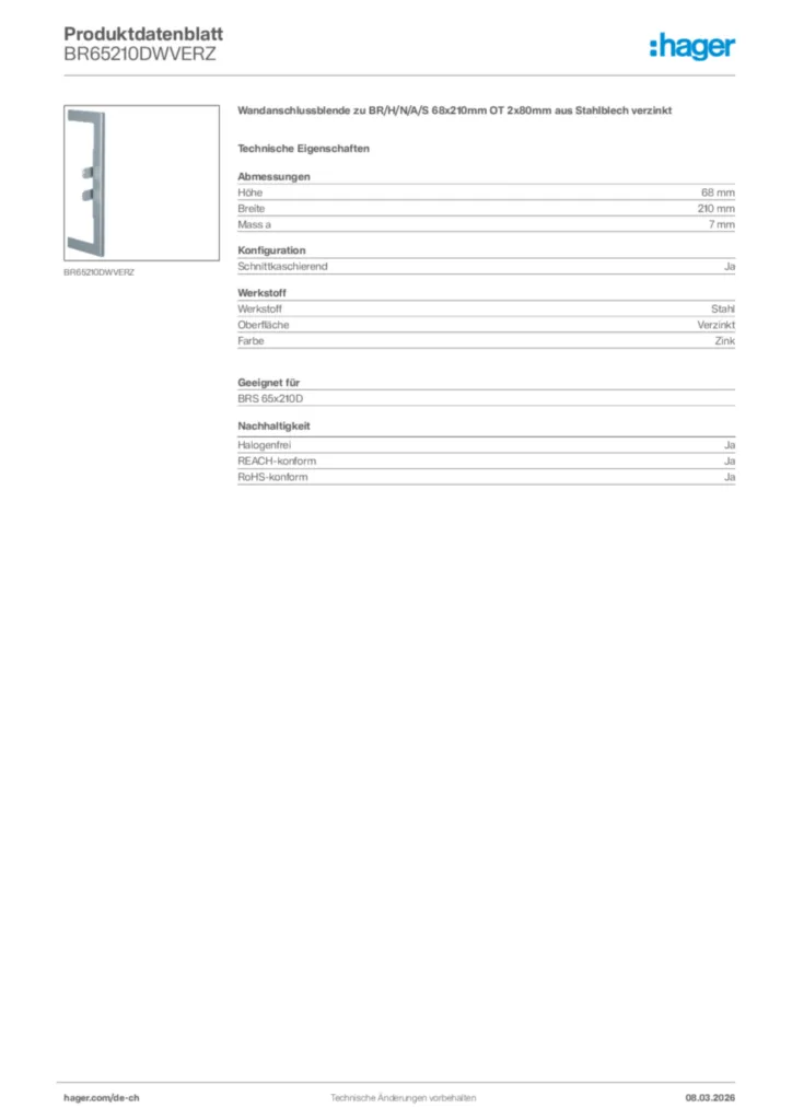 Bild Hager Produktdatenblatt BR65210DWVERZ | Hager Schweiz
