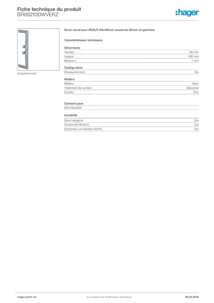 Image Hager Fiche technique du produit BR65210DWVERZ | Hager Suisse