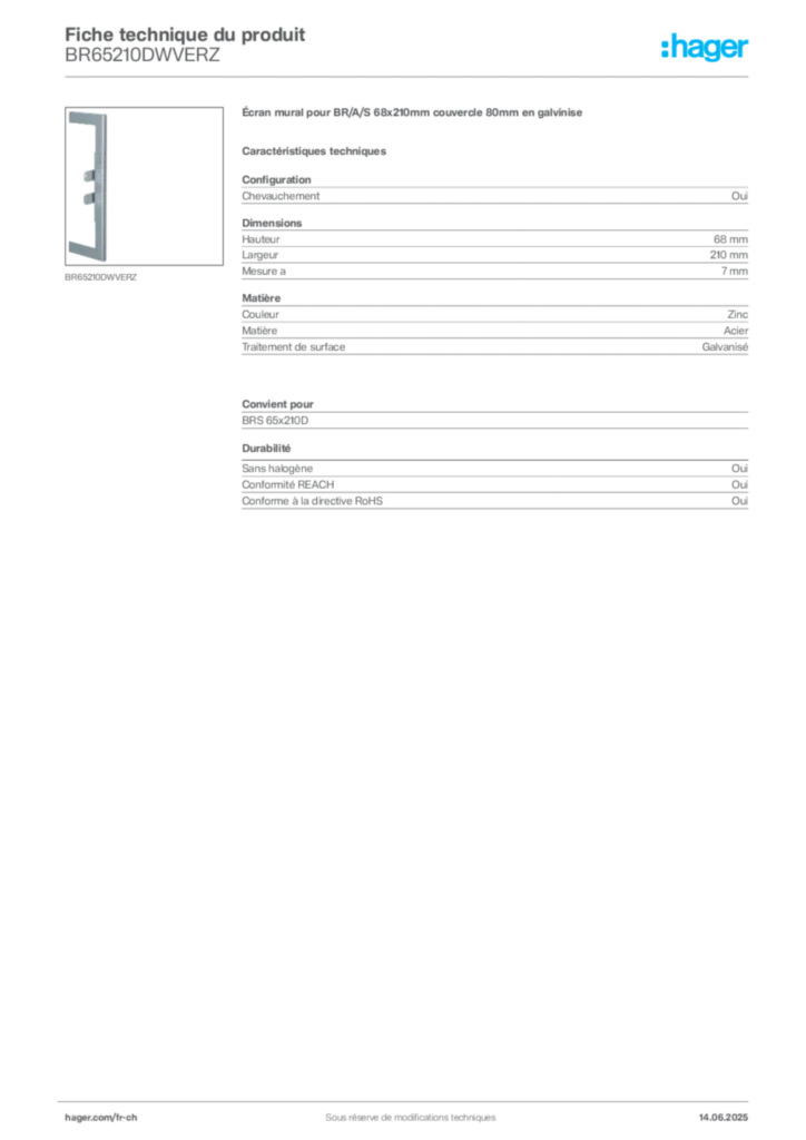 Image Hager Fiche technique du produit BR65210DWVERZ | Hager Suisse