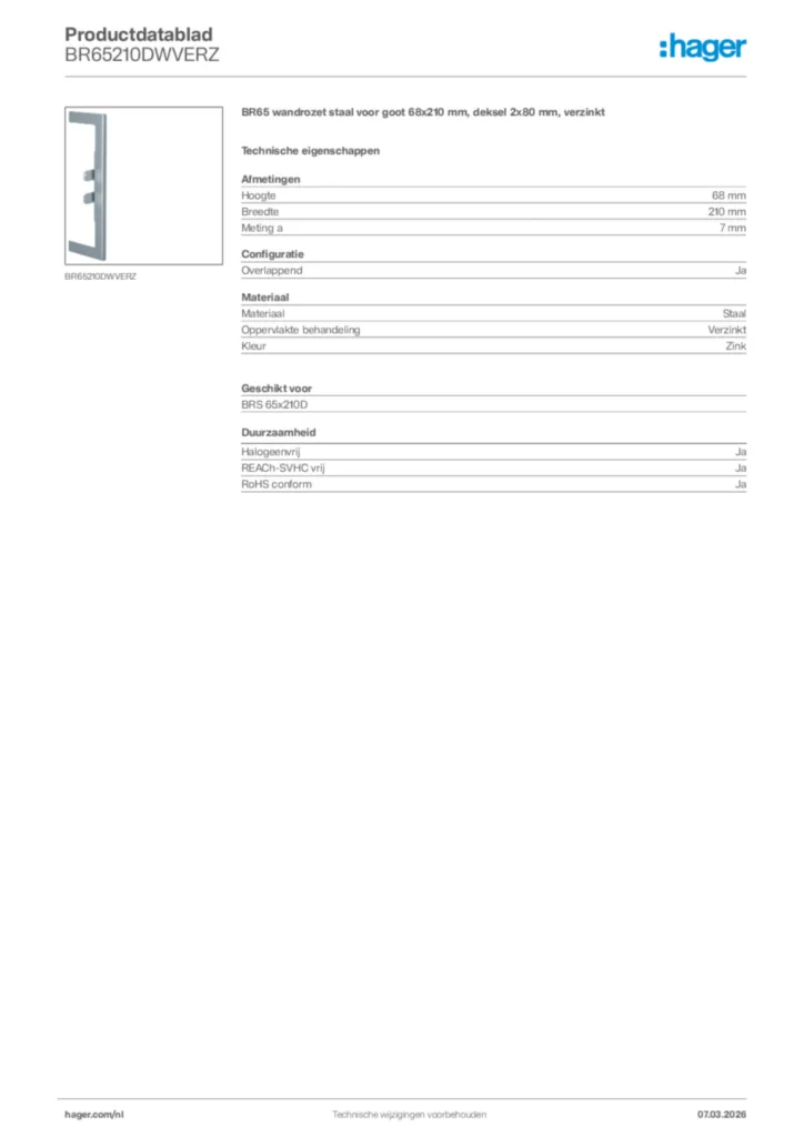Afbeelding Hager Productdatablad BR65210DWVERZ | Hager Nederland