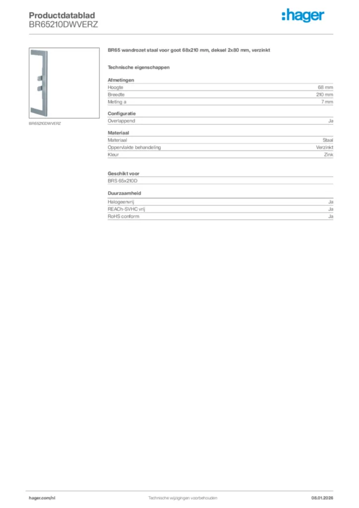 Afbeelding Hager Productdatablad BR65210DWVERZ | Hager Nederland