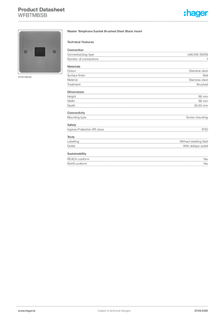 Image Hager Product data sheet WFBTMBSB  | Hager