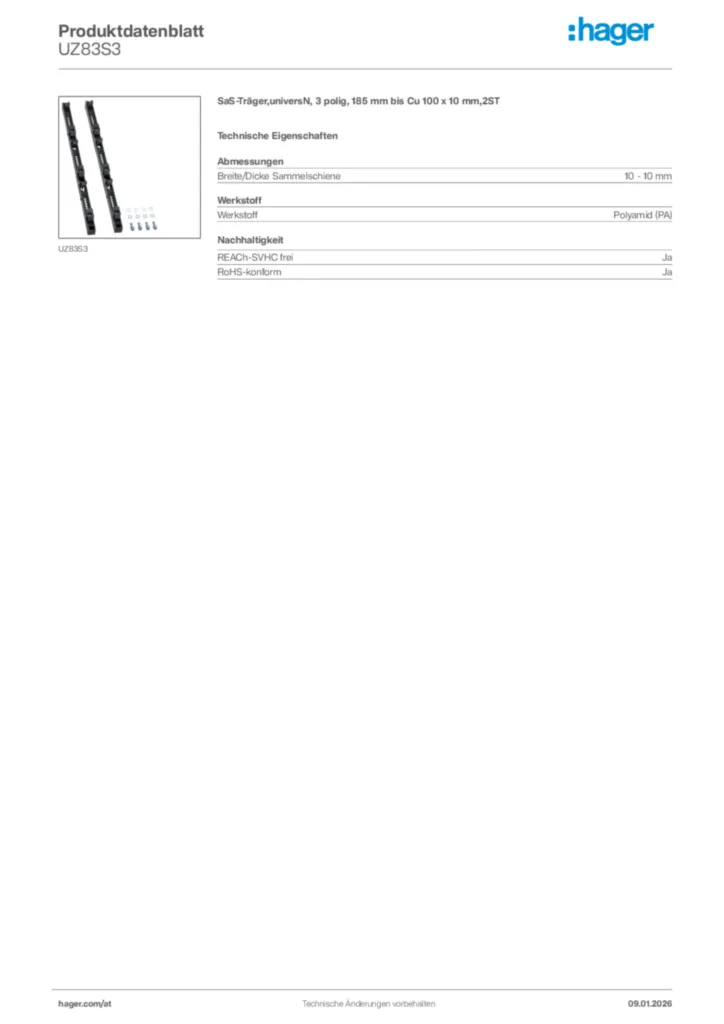 Bild Hager Produktdatenblatt UZ83S3 | Hager Deutschland