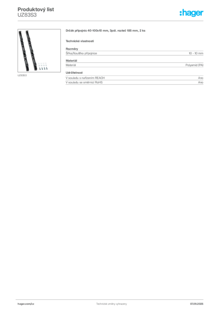Obrázek Hager Produktový list UZ83S3 | Hager