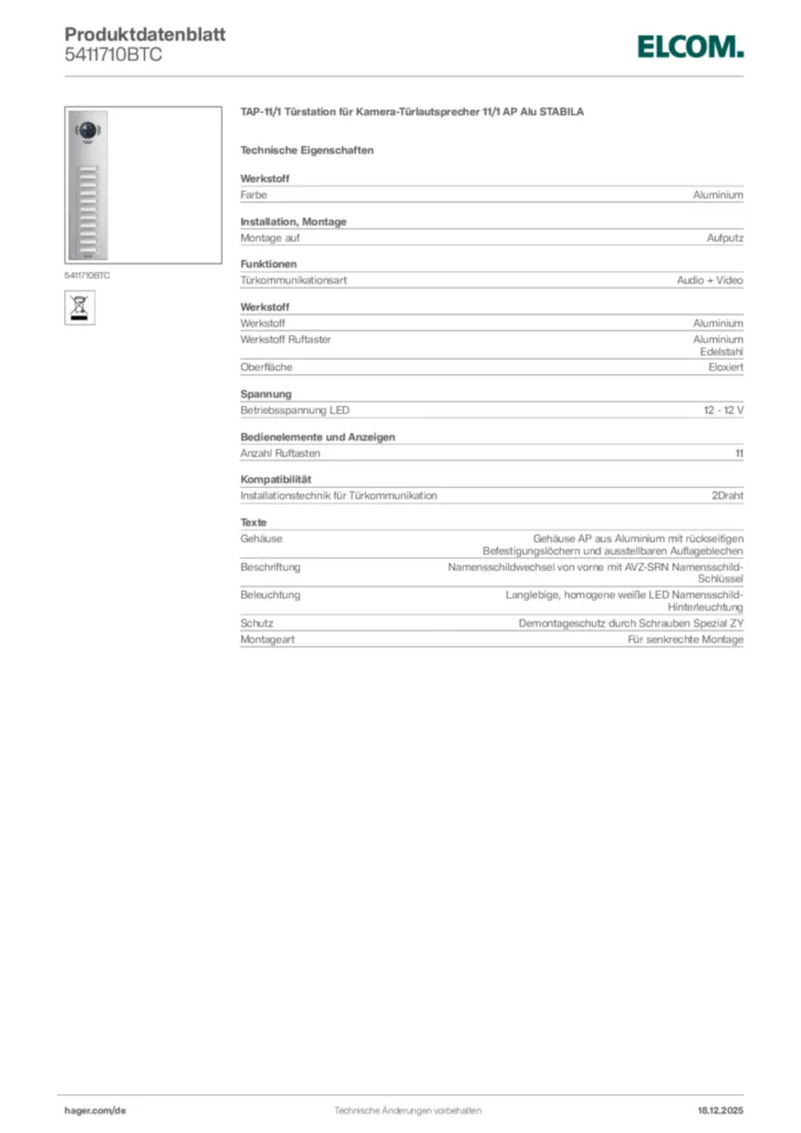 Bild Elcom Produktdatenblatt 5411710BTC | Hager Deutschland
