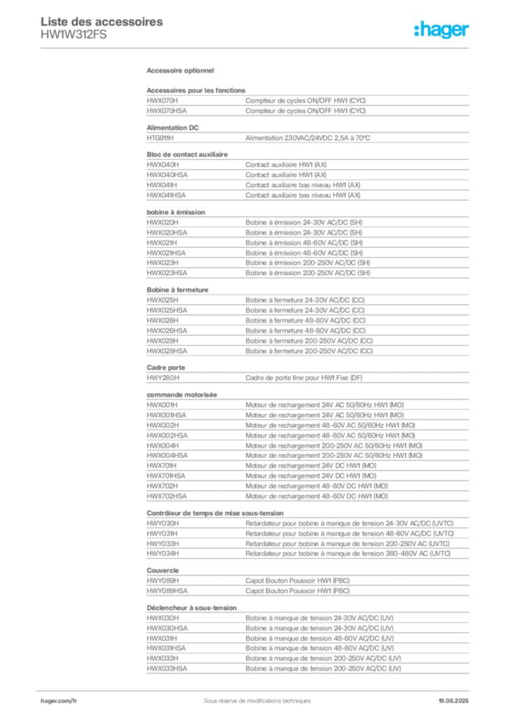 Image Hager Fiche technique du produit HW1W312FS | Hager France