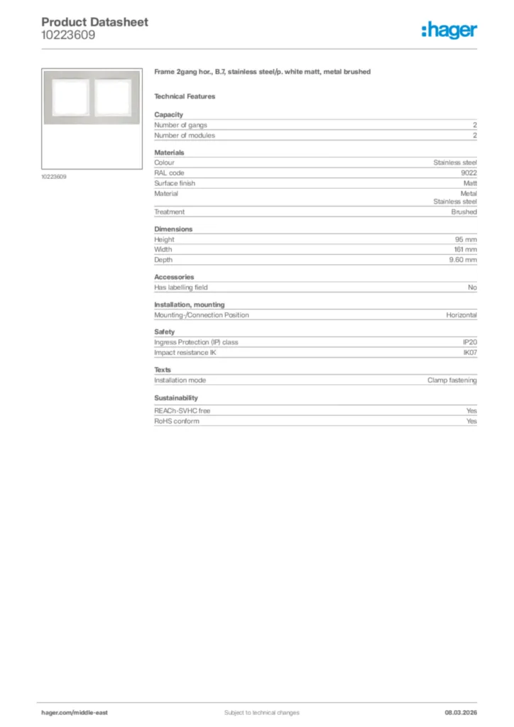 Image Hager Product data sheet 10223609  | Hager
