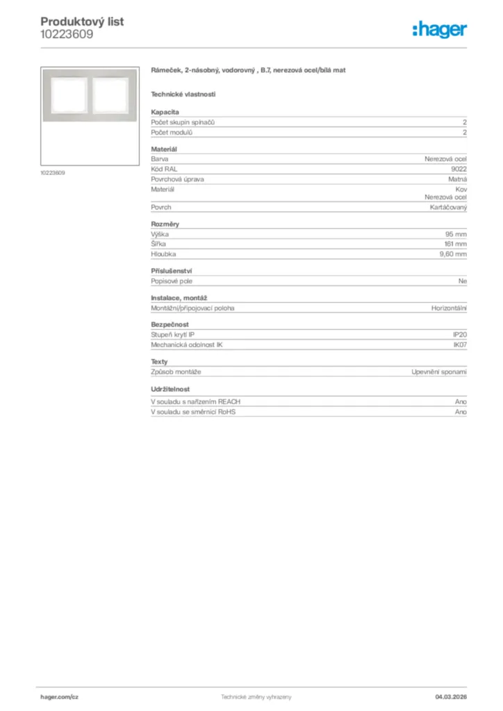Obrázek Hager Product data sheet 10223609 | Hager