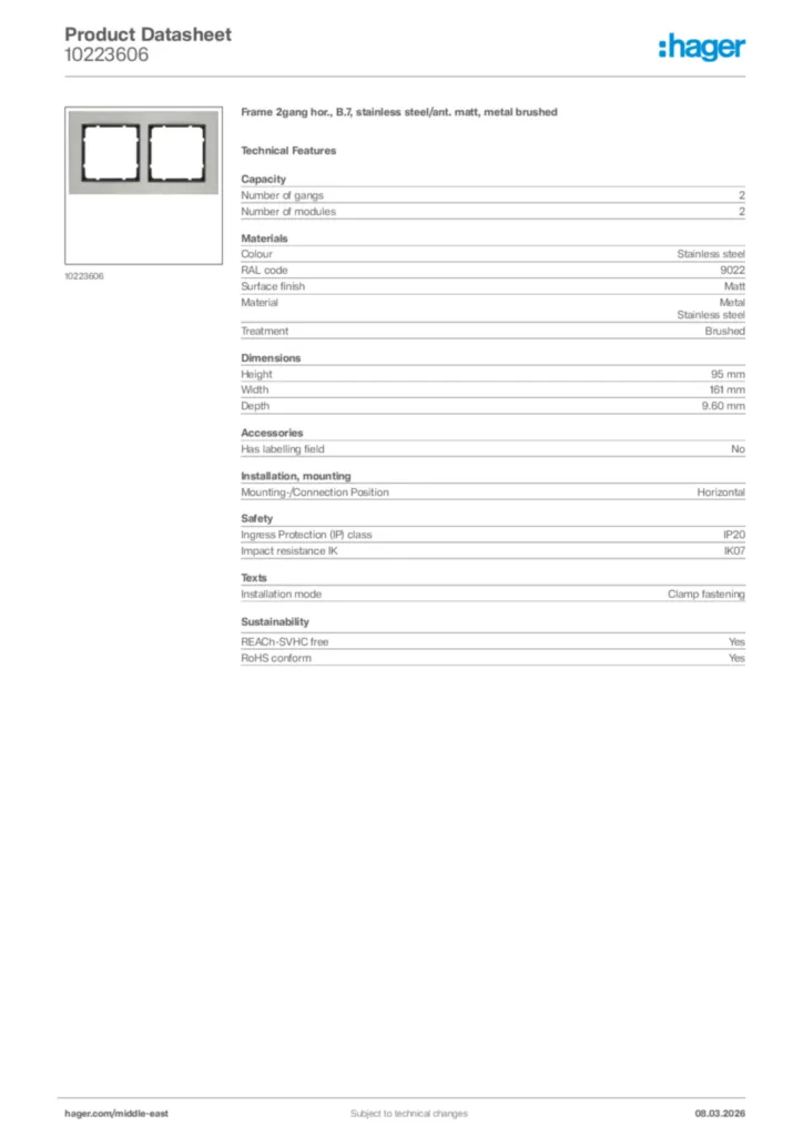 Image Hager Product data sheet 10223606  | Hager