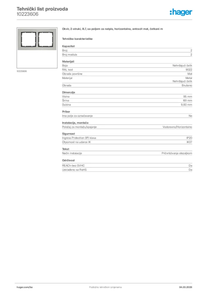 Slika Hager Tehnički list proizvoda 10223606  | Hager
