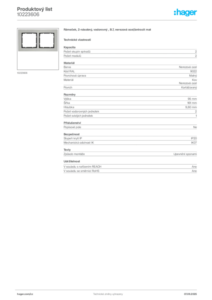 Obrázek Hager Produktový list 10223606 | Hager