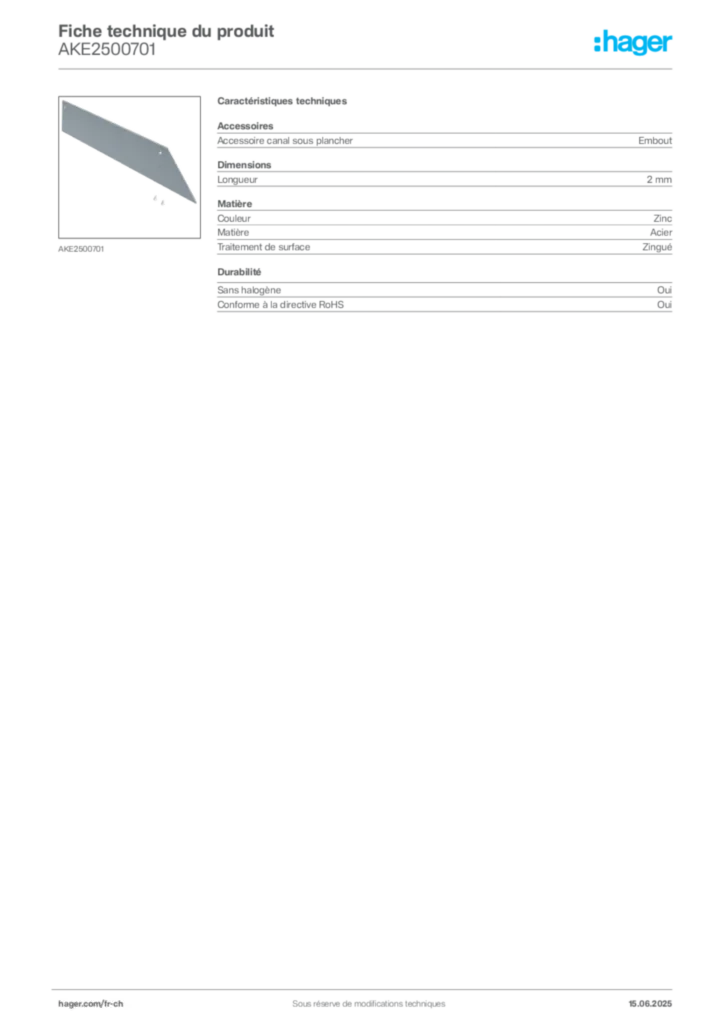 Image Hager Fiche technique du produit AKE2500701 | Hager Suisse