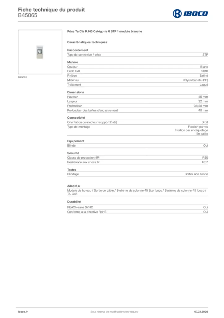 Image Iboco Fiche technique du produit B45065 | Hager France