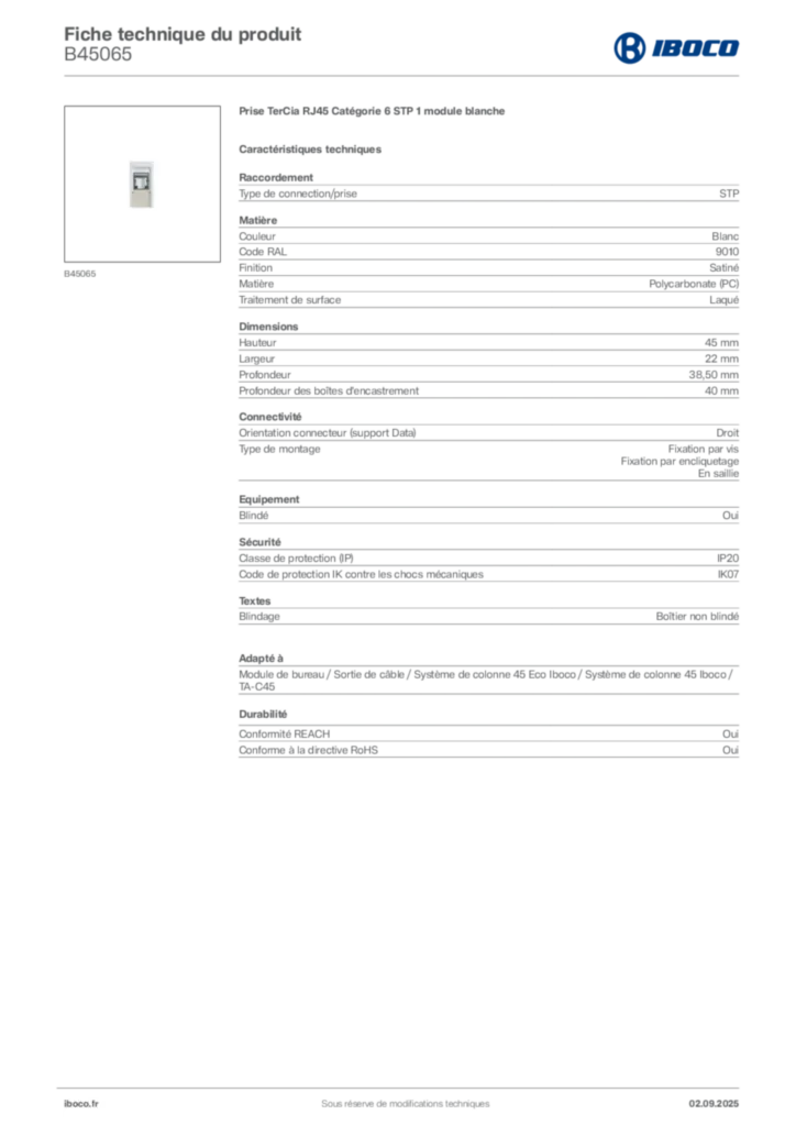 Image Iboco Fiche technique du produit B45065 | Hager France