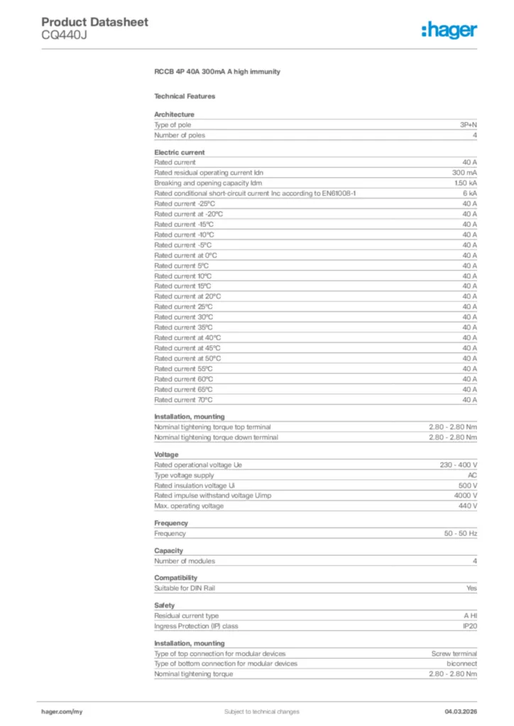 Image Hager Product data sheet CQ440J  | Hager