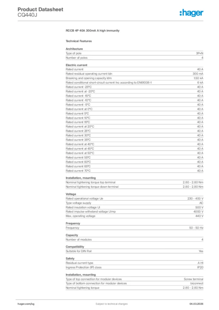 Image Hager Product data sheet CQ440J  | Hager