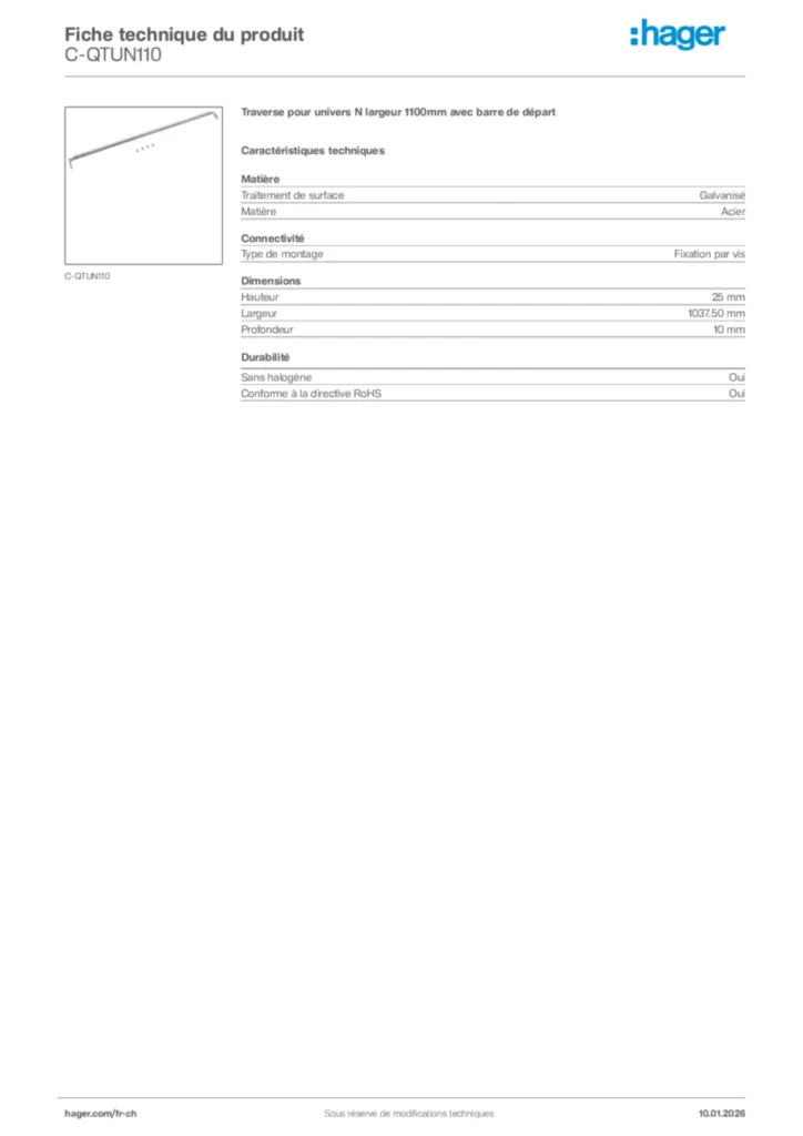 Image Hager Fiche technique du produit C-QTUN110 | Hager Suisse