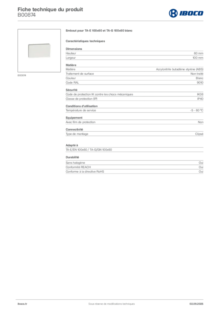Image Iboco Fiche technique du produit B00874 | Hager France