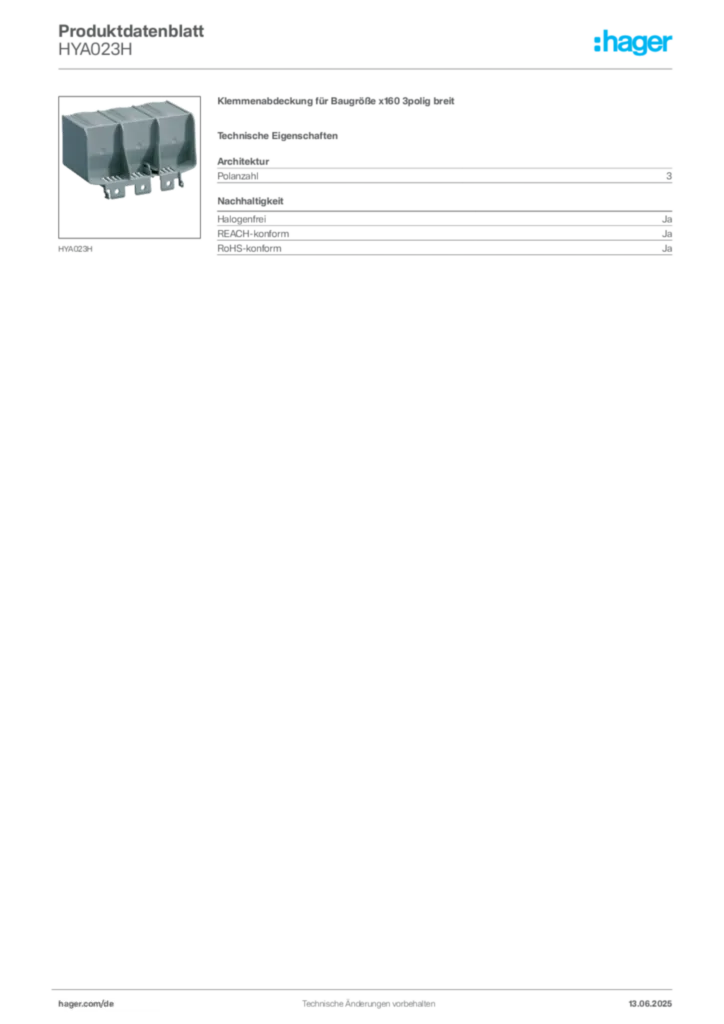 Hager Produktdatenblatt HYA023H