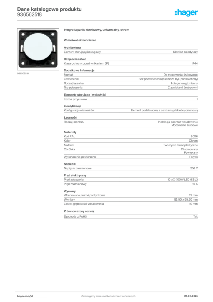 Zdjęcie Hager Karta katalogowa 936562518 | Hager Polska