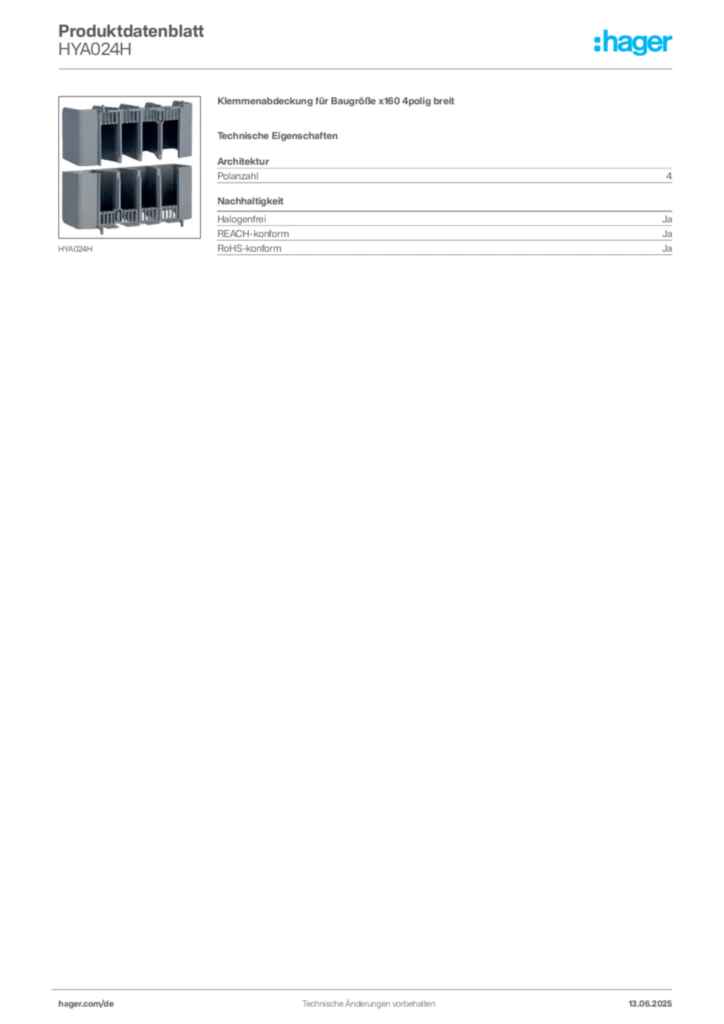 Hager Produktdatenblatt HYA024H