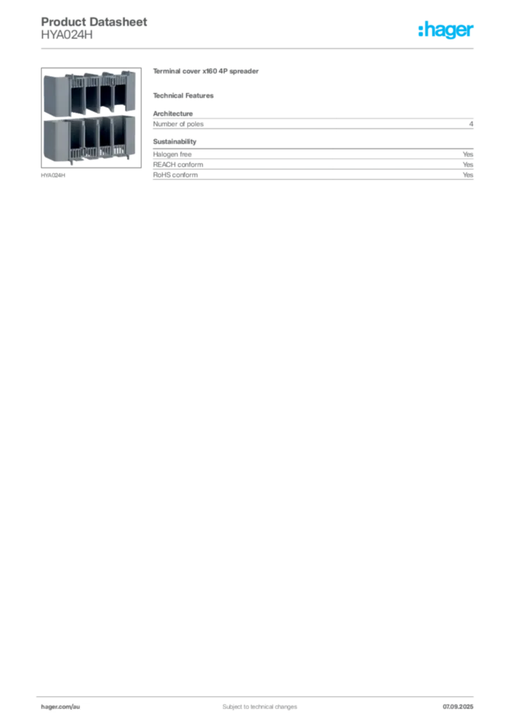 Image Hager Product data sheet HYA024H  | Hager Australia