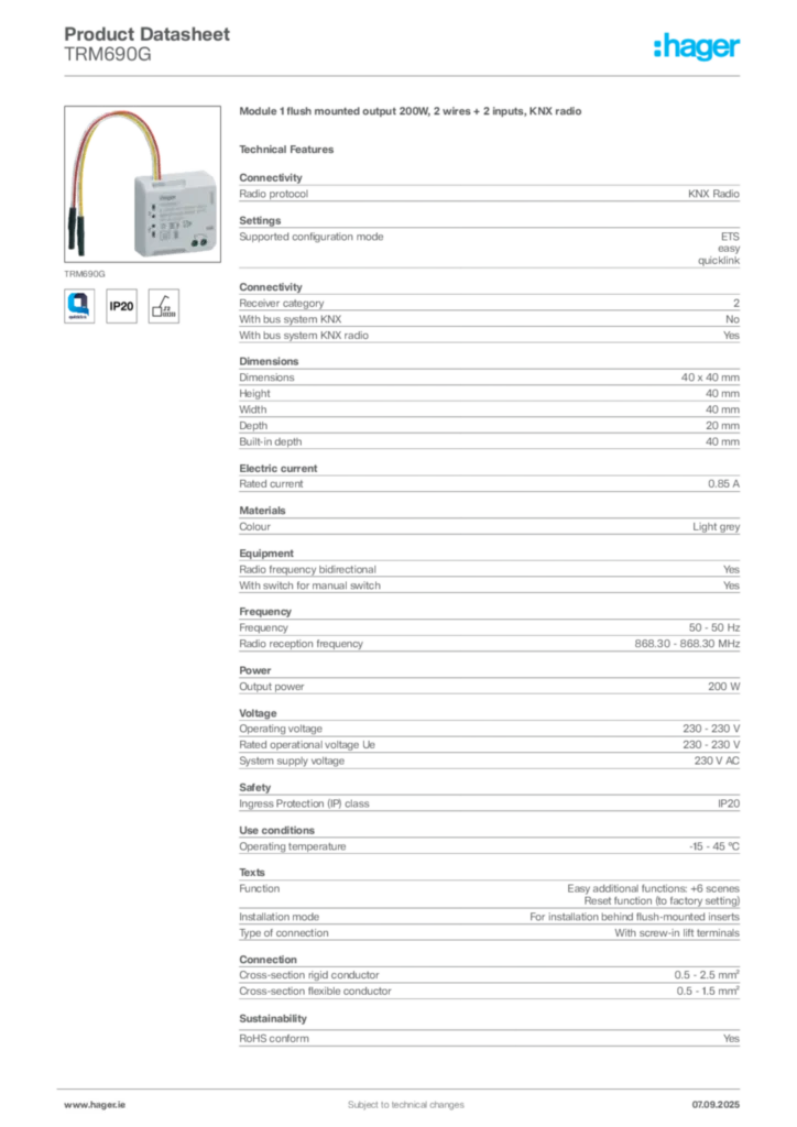 Image Hager Product data sheet TRM690G  | Hager