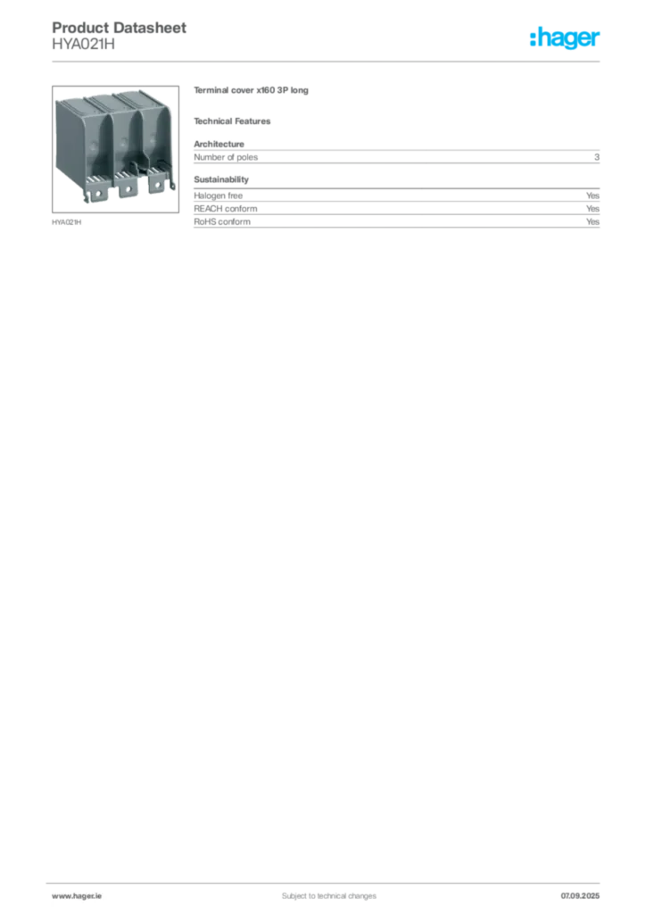 Image Hager Product data sheet HYA021H  | Hager