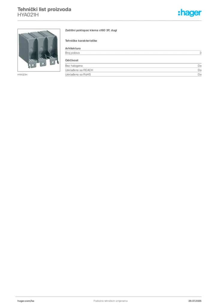 Slika Hager Product data sheet HYA021H  | Hager
