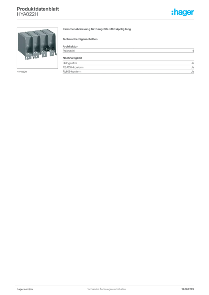 Hager Produktdatenblatt HYA022H