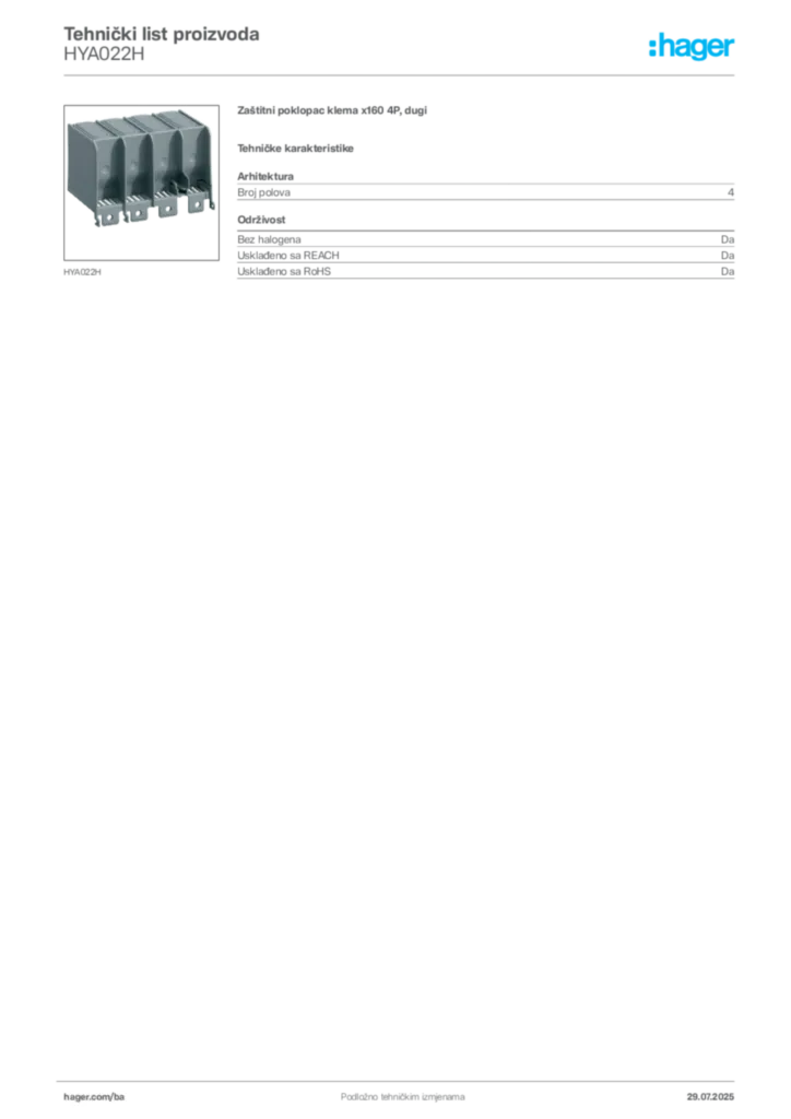 Slika Hager Product data sheet HYA022H  | Hager