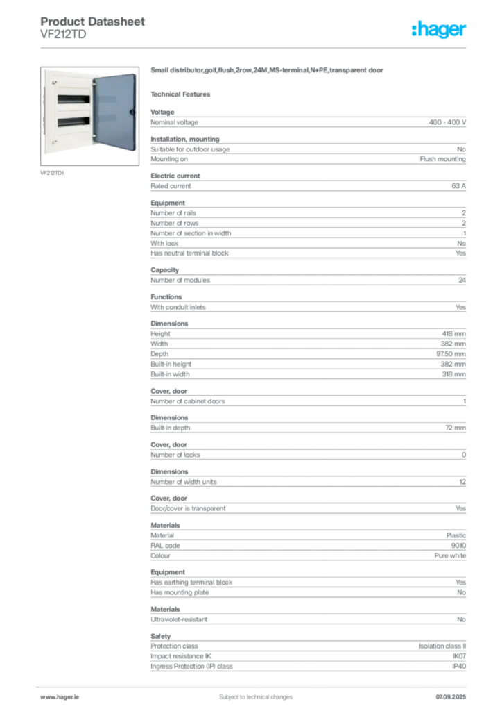 Image Hager Product data sheet VF212TD  | Hager
