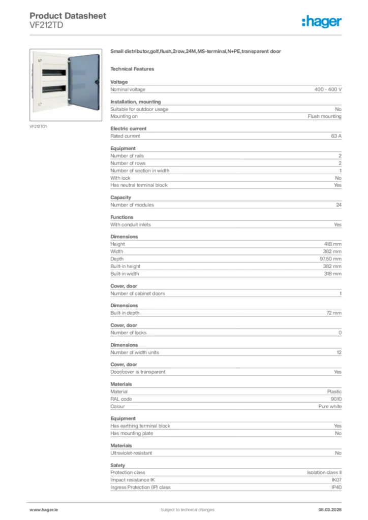 Image Hager Product data sheet VF212TD  | Hager