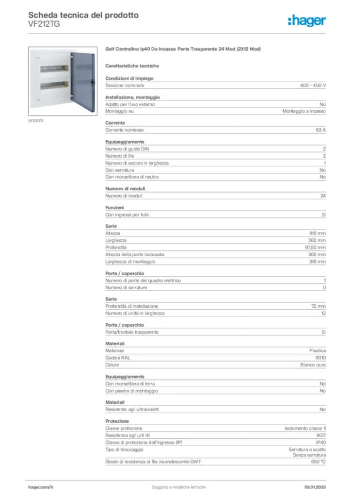 Immagine Hager Scheda tecnica del prodotto VF212TG | Hager Italia