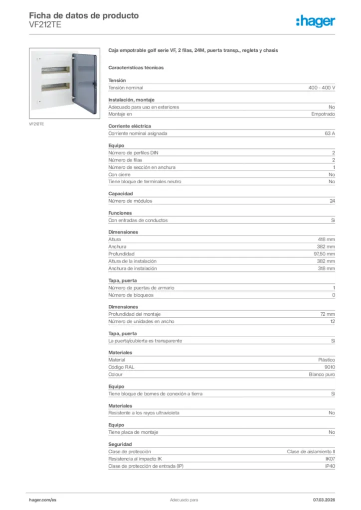 Imagen Hager Ficha de datos de producto VF212TE | Hager España