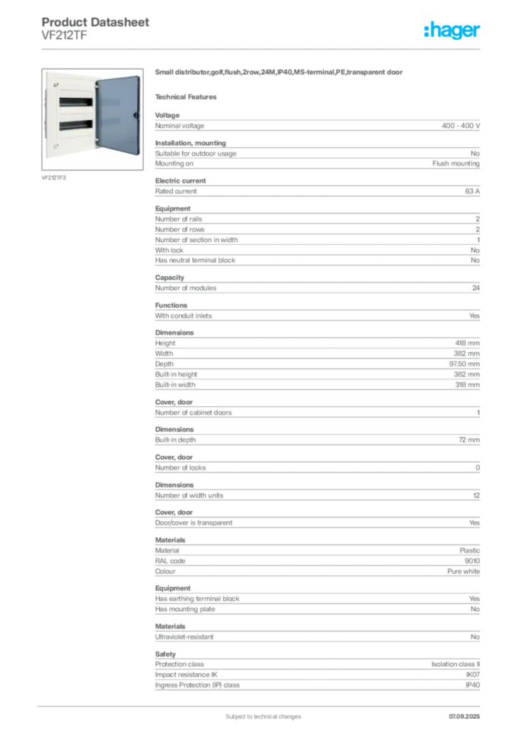 Image Hager Product data sheet VF212TF  | Hager