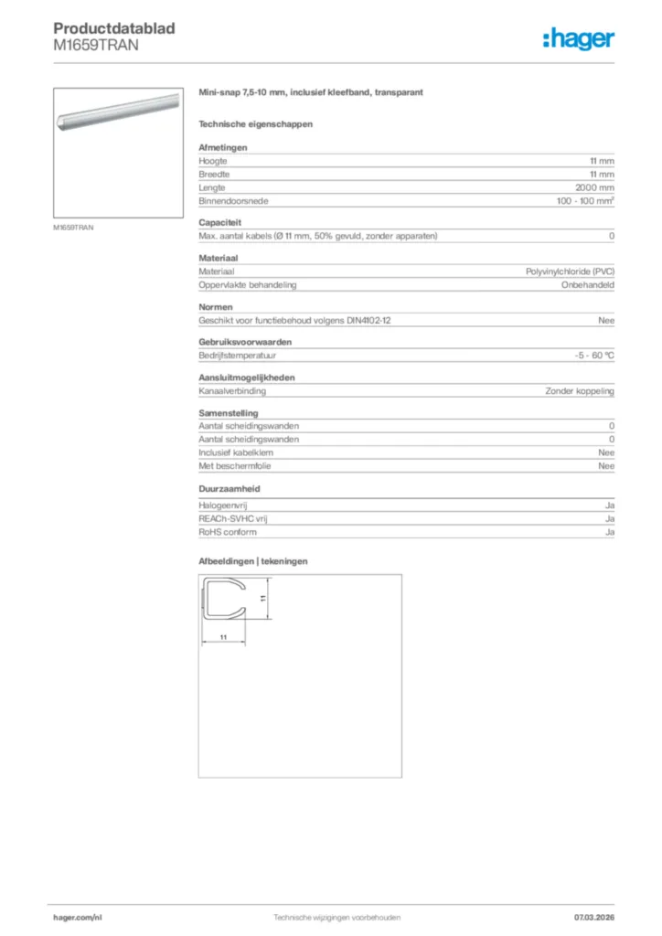 Afbeelding Hager Productdatablad M1659TRAN | Hager Nederland