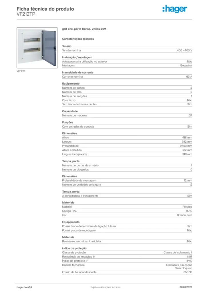 Imagem Hager Ficha técnica do produto VF212TP | Hager Portugal