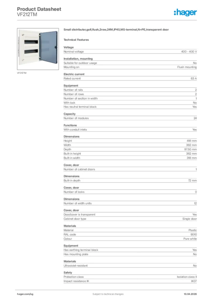 Image Hager Product data sheet VF212TM  | Hager