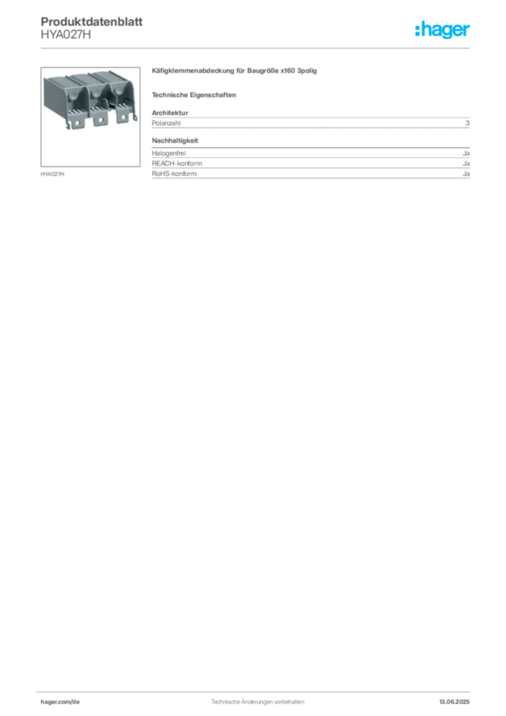 Hager Produktdatenblatt HYA027H