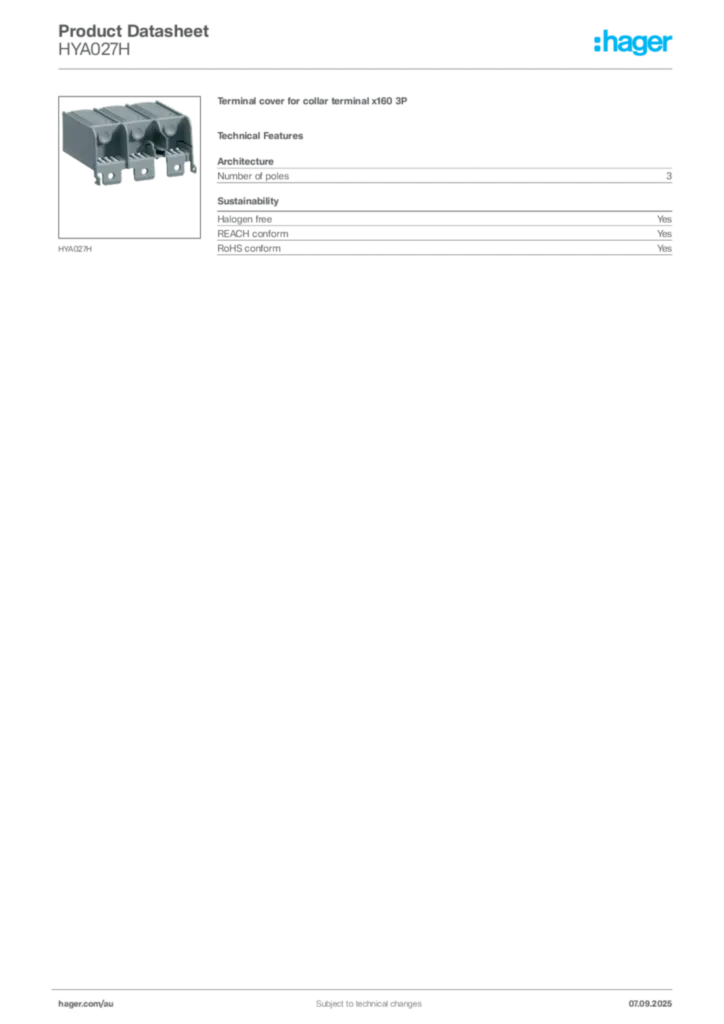 Image Hager Product data sheet HYA027H  | Hager Australia