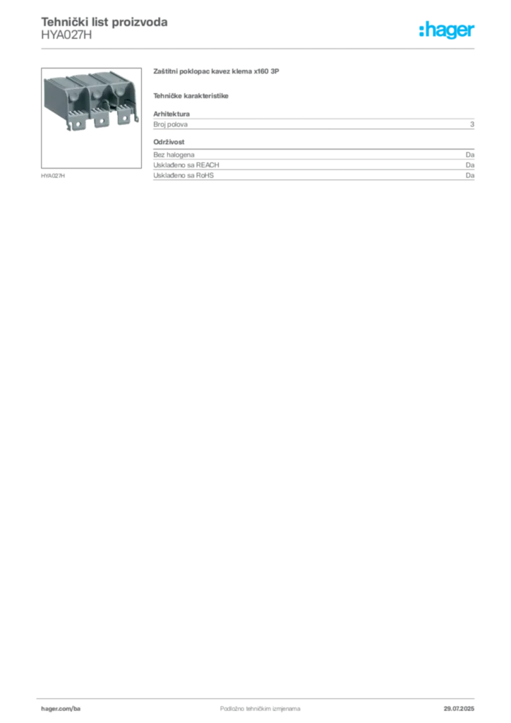 Slika Hager Product data sheet HYA027H  | Hager
