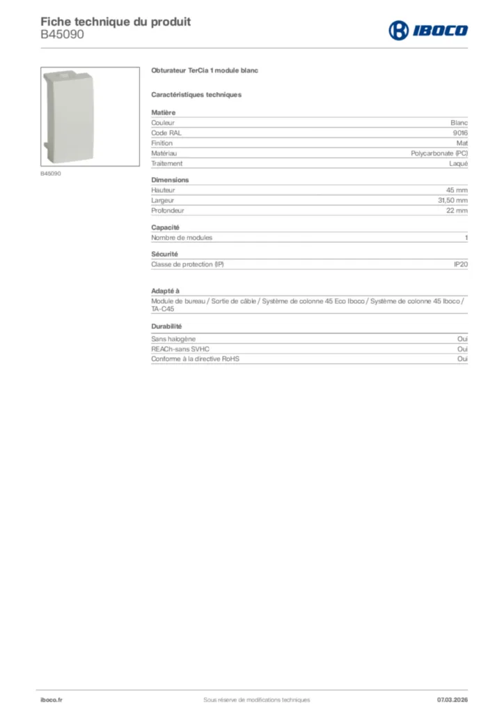 Image Iboco Fiche technique du produit B45090 | Hager France