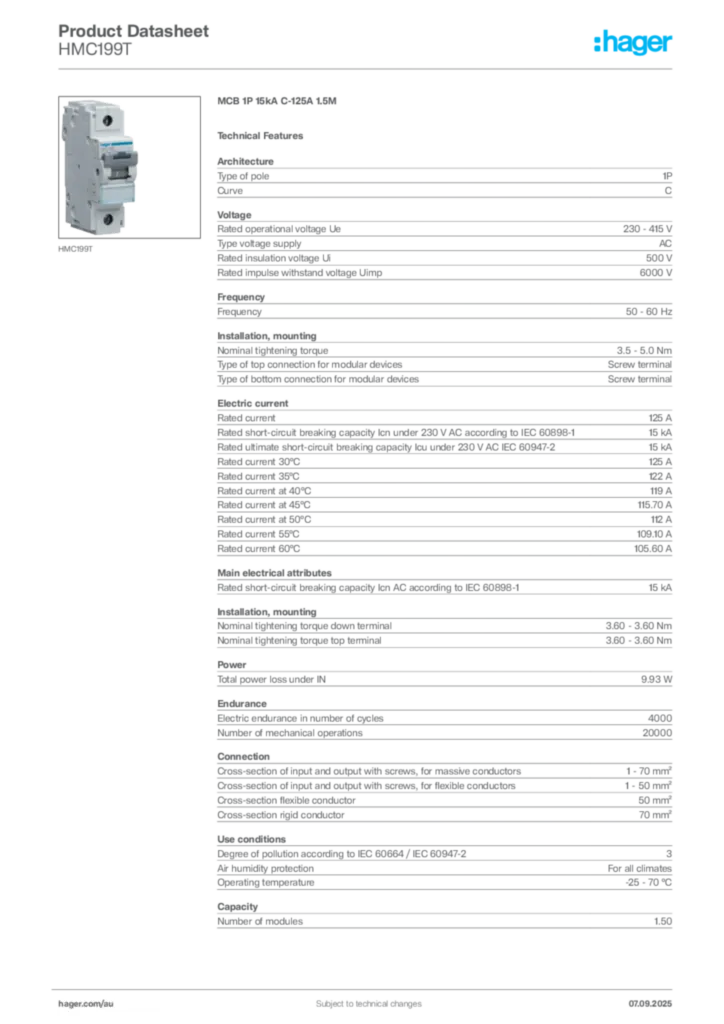 Image Hager Product data sheet HMC199T  | Hager Australia